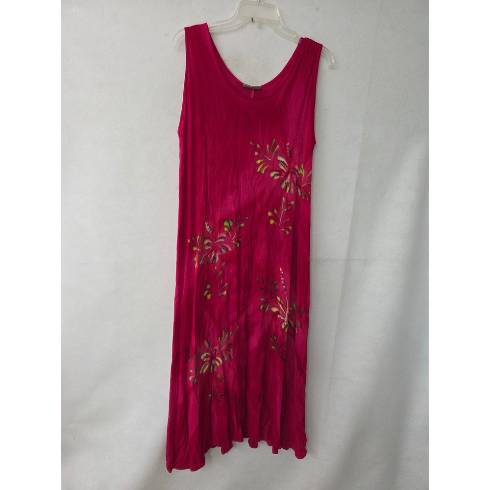 Tropical Batik Red Pink Crinkle Rayon Floral Sleeveless Midi Dress One Size OS